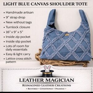 Light Blue Canvas Shoulder Tote Lattice Stitch Turn lock NWOT Large 16x9x5